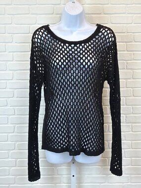 Anna Be Open Mesh Knit Pullover Black Long Sleeve Sweater